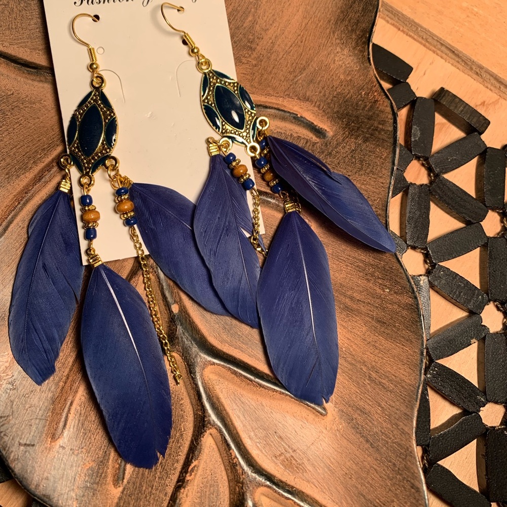 Stunning  blue feather native Indian style earring dangles! Could be boho